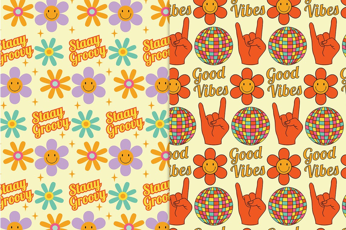 Retro Groovy Digital Papers, 70s Background, Hippy Pattern, Vintage ...
