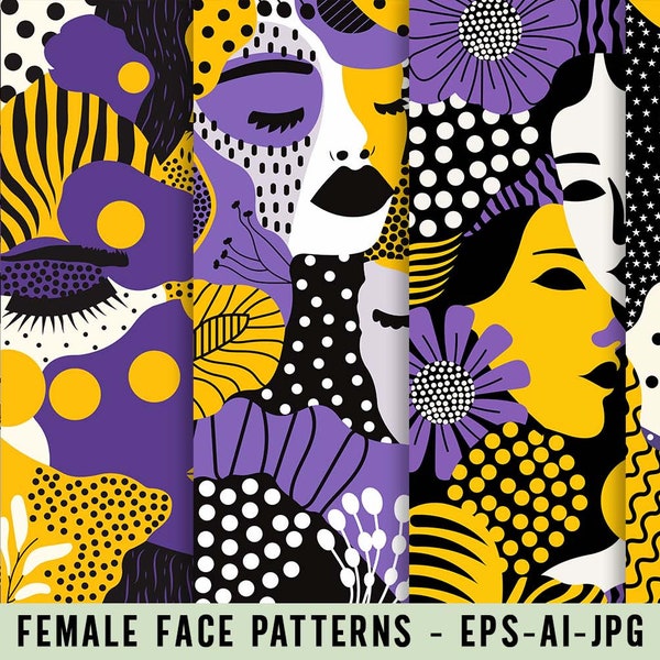 Yellow and Purple Female Faces Patterns - Modern Digital Art for Creative Projects - AI, EPS, JPG Formats - Contemporary Design for Textiles