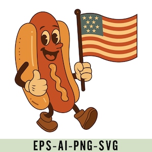 Funny Retro Patriotic Hot Dog Cartoon, 4th of July Shirt Design, Retro BBQ Sausage Svg, Funny Food Png, American Flag Summer Graphic