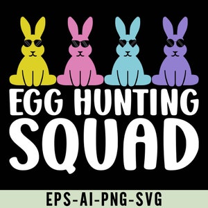Puede incluir: Cuatro conejos de dibujos animados con gafas de sol, en amarillo, rosa, azul y morado, con el texto "Egg Hunting Squad" debajo.