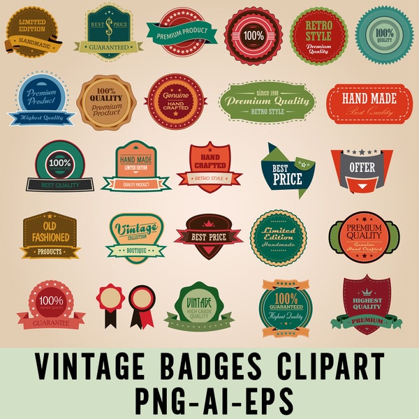 Vintage Badges Clipart: 26 PNG, AI, EPS Files | Retro Badge Designs for Diy Projects, Scrapbooking, and Graphic Design | Instant Download