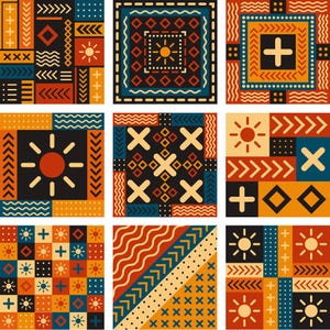 May include: A grid of nine square tiles featuring geometric patterns in red, orange, yellow, blue, and black. The designs include sun icons, plus signs, chevrons, wavy lines, dots, and diamonds arranged in various repeating compositions.