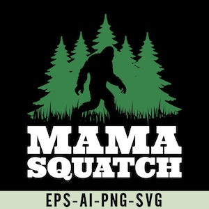 Puede incluir: Dise&ntilde;o gr&aacute;fico negro con una silueta de Bigfoot caminando frente a pinos verdes. El texto "MAMA SQUATCH" est&aacute; en letras blancas en negrita. Debajo, las palabras "EPS-AI-PNG-SVG".