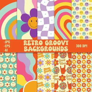 Retro Groovy Digital Papers, 70s Background, Hippy Pattern, Vintage Wallpaper, Groovy 70s Patterns, Groovy Seamless Pattern, JPG, AI, EPS