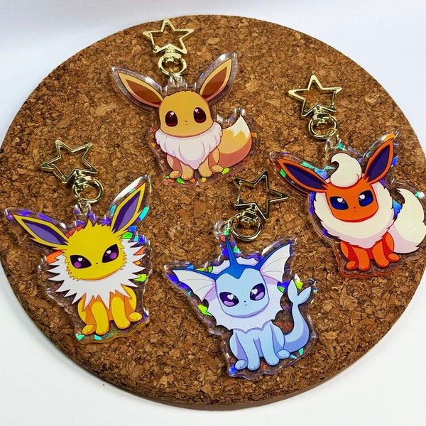 Eeveelution Double Sided Shiny Acrylic Keychain. Eevee, Jolteon, Vaporeon and Flareon.