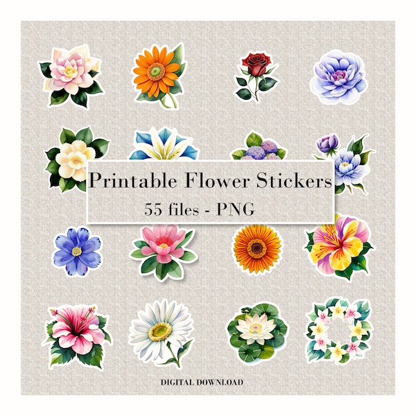 Printable Flower Stickers Bundle | 55 individual PNG files | Vibrant Watercolour | Planners & Journaling