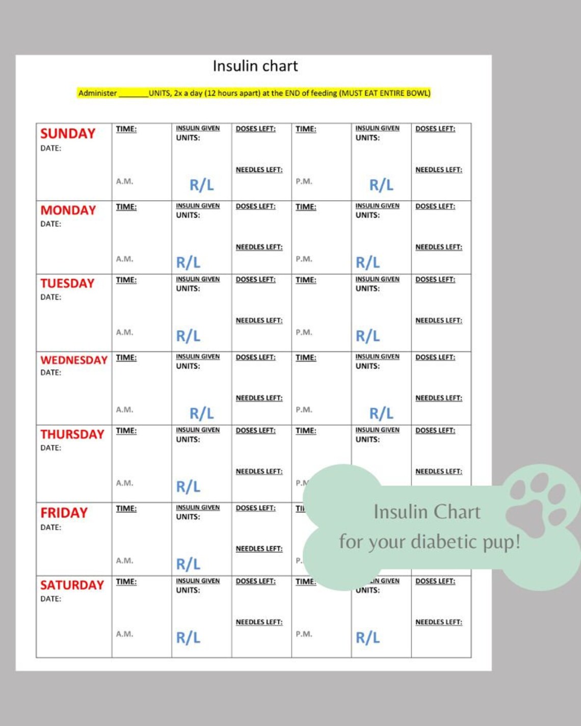 Printable Dog Insulin Chart, Log Book, Journal Planner, Monitor