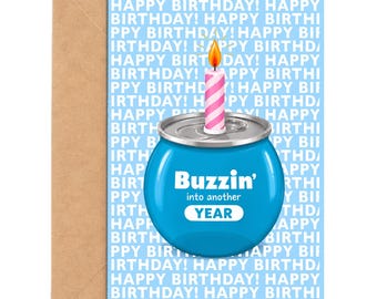 Buzzin’ Into Another Year Birthday Card, Cocktail Birthday Card, Funny Drinking Card, Alcohol Birthday Card, 5x7, A6 Size