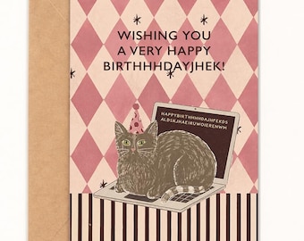 Wishing You A Very Happy Birthday!, Cat Laptop Birthday Card, Funny 5x7, A6 Size