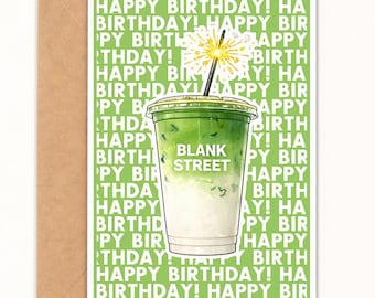 Matcha Latte Birthday Card, Iced Green Drink Pop Art Greeting, Blank Inside, A6 Size