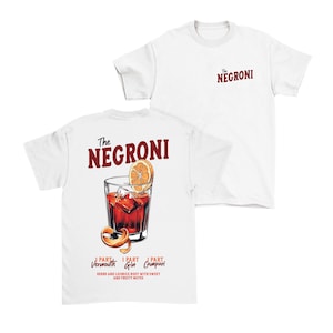 Heren of dames, HET NEGRONI Unisex T-shirt, cadeau met cocktailthema, gemaakt van biologisch katoen