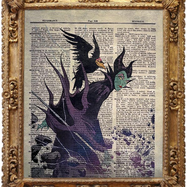 マレフィセント、眠れる森の美女、ヴィンテージ辞書アートプリント、アンティーク絵画、壁掛け、神秘的な装飾