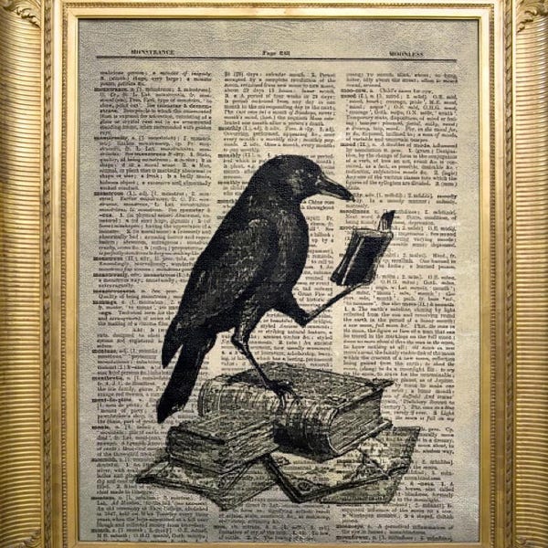 Cuervo sobre libros, impresión artística de diccionario vintage, cuadro antiguo, tapiz, decoración