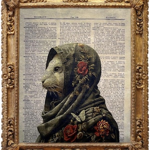 Mystic Romantic Mouse, Vintage Dictionary Art Print, Antyczny obraz, Surrealistyczna fantazja zwierząt, Zając ścienny, Dekoracja