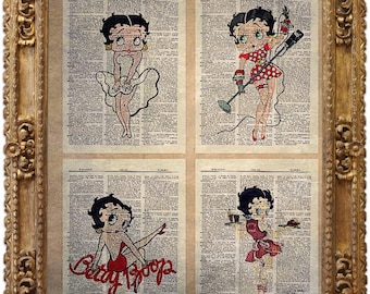 Betty Boop Print Set, Vintage Dictionary Art Print, Antique Picture, Wall Hanging, Decor