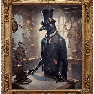 Peut inclure: Peinture encadrée dans un cadre doré orné, représentant un corbeau steampunk en costume et haut-de-forme dans un atelier rempli d'horloges et de machines. Le corbeau est le point central, avec des vêtements détaillés et une expression sérieuse.