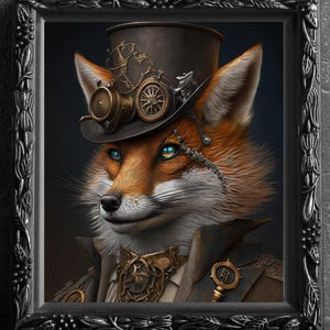 May include: Framed portrait of a fox in steampunk style. The fox has orange and white fur, blue eyes, and wears a top hat with goggles and a coat with ornate details. The frame is black with a decorative border.