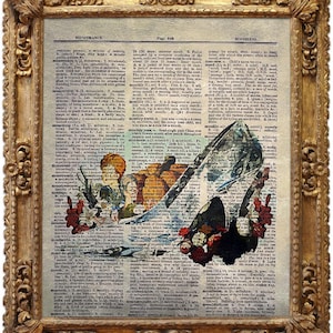 May include: A framed artwork featuring a vintage dictionary page with a collage of a high-heeled shoe and cherubs. The frame is ornate gold. The artwork has a vintage aesthetic with a mix of text and imagery.