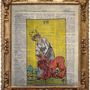 強さ、アルカナタロットデッキ、オラクル、ヴィンテージ辞書アートプリント、アンティーク絵画、壁掛け、装飾