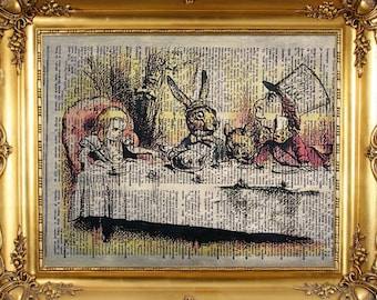 Alice in Wonderland, Tea Party, Mad Hatter, Vintage Dictionary Art Print, Antique Picture, Wall Hanging, Decor