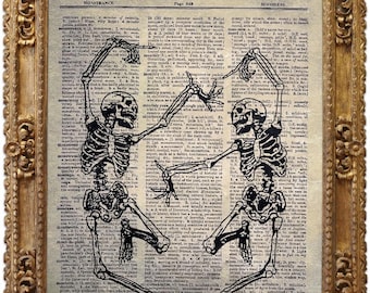 Esqueletos danzantes, lámina de diccionario vintage, cuadro antiguo, tapiz, decoración gótica inquietante
