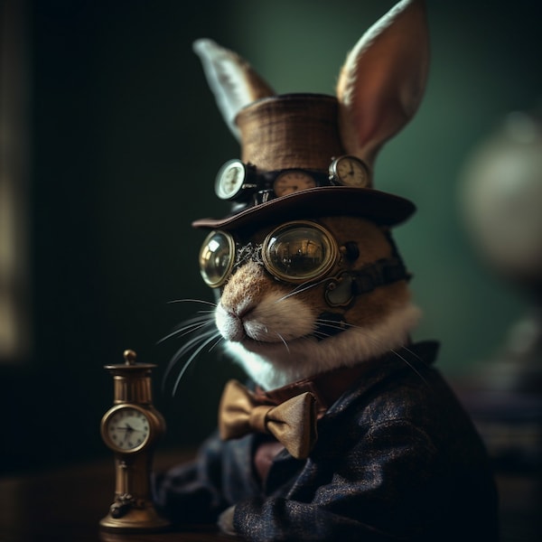 Steampunk Rabbit, 8 x 10 Art Print, Wall Hanging, Animal Poster Picture, Fantasy Anthropomorphic, Fairy Tale, Imagination