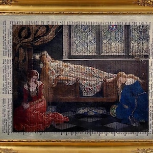 May include: A framed artwork showing a scene with figures in a room. The artwork features a woman lying on a bed, with two other figures in the foreground. The frame is gold-coloured.
