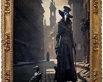 Gotycka grafika z Doktorem Zarazy i Krukiem, upiorna dekoracja ścienna w stylu wiktoriańskim