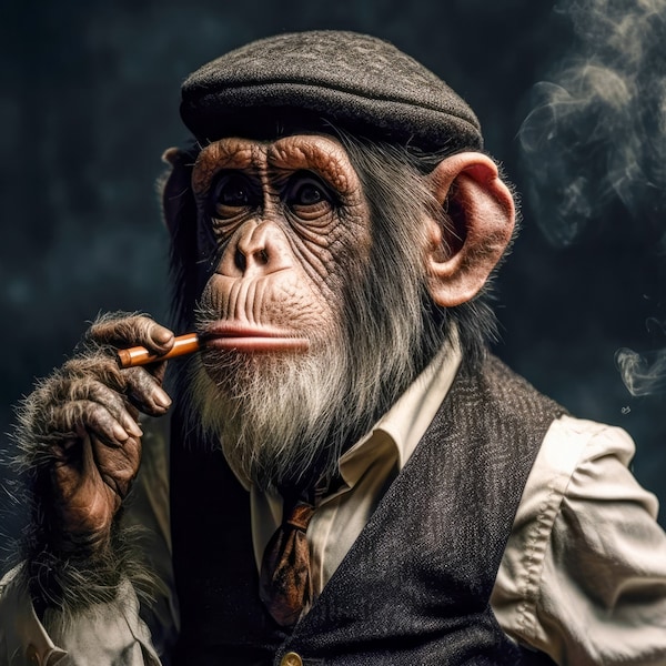 Cigar Loving Chimp, Art Print, Wall Hanging, Poster, Photograph, Monkey Photo, Fantasy Anthropomorphic, Cottagecore Decor Animal Gift