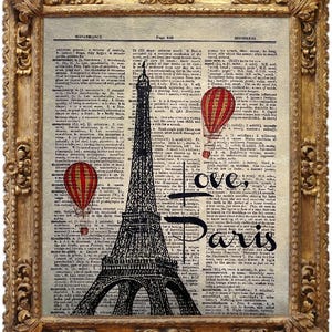 Love Paris, Eiffel Tower, Hot Air Balloons, Vintage Dictionary Art Print, Antique Picture, Wall Hanging, Decor