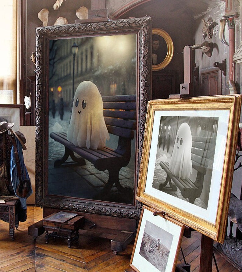Haunted Bench Cute Ghost Art Print, Cottagecore Halloween Decor (8x10) - Etsy