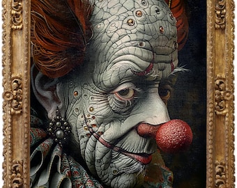 May include: A framed portrait of a clown with a red nose and red hair. The clown's face is pale with detailed wrinkles and small, gold-colored embellishments. The ornate gold frame adds to the artwork's vintage aesthetic.