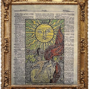 Die Sonne, Arcana Tarot Deck, Orakel, Vintage Wörterbuch Kunstdruck, Antikes Bild, Wandbehang, Dekor
