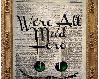 Stampa artistica vintage del dizionario del gatto del Cheshire di Alice nel paese delle meraviglie