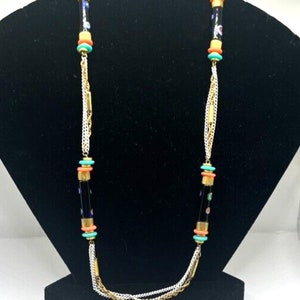 Millefiore Tube Bead & 2 Tone White and Gold Chain Long Necklace Vintage