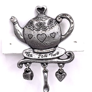 Vintage Spooniques Etched Pewter Tea for Two Teapot Brooch Pin Dangle Charms