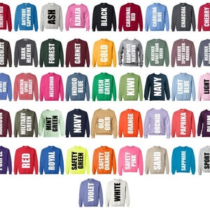 May include: A collection of 48 crewneck sweatshirts in various colors, including red, blue, green, purple, orange, yellow, and black. Each sweatshirt has a different color name printed on the front in white text.
