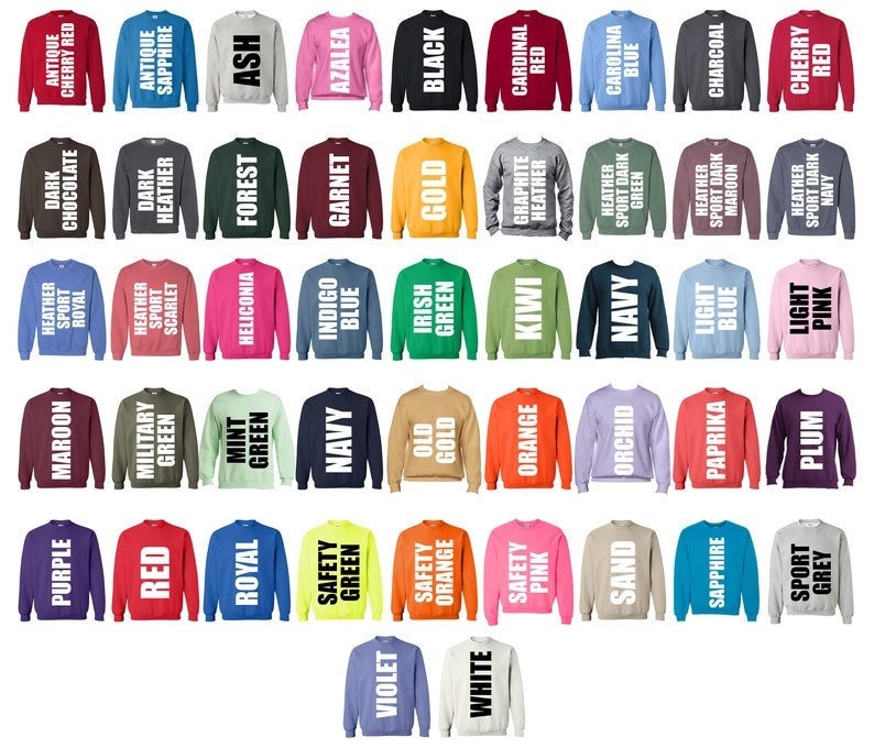 May include: A collection of 48 crewneck sweatshirts in various colors, including red, blue, green, purple, orange, yellow, and black. Each sweatshirt has a different color name printed on the front in white text.