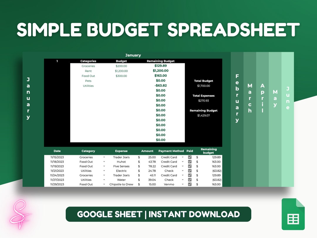 Simple Monthly Budget and Expense Tracking Spreadsheet [GREEN] - Etsy