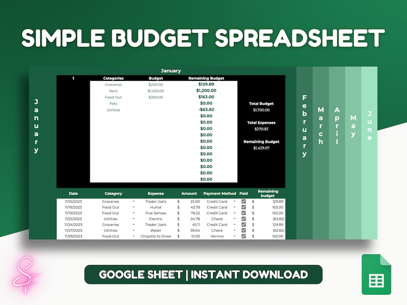 Simple Monthly Budget and Expense Tracking Spreadsheet [GREEN] - Etsy