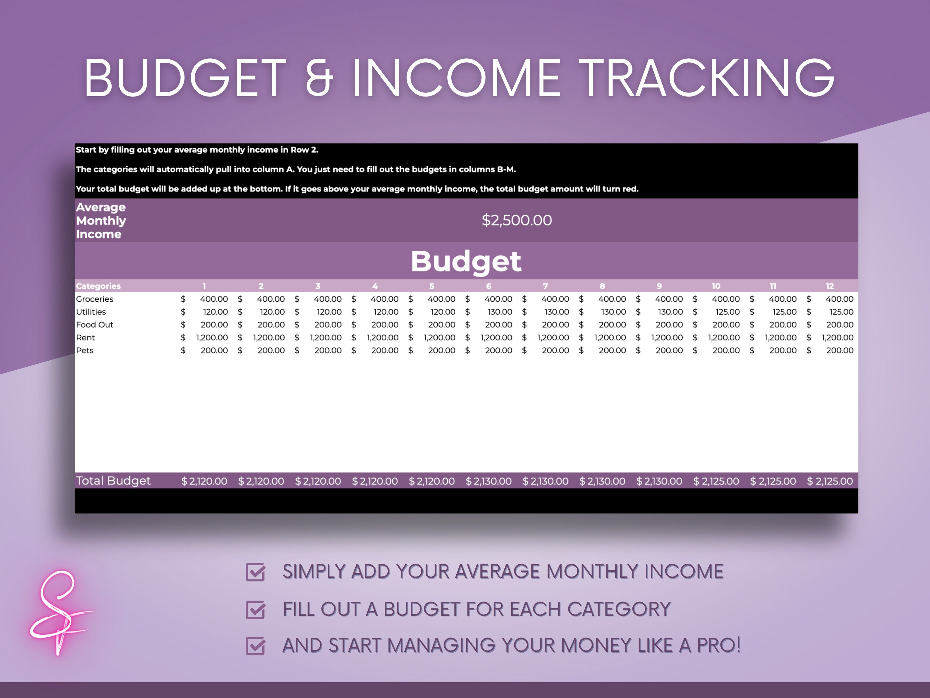 Simple Monthly Budget and Expense Tracking Spreadsheet [purple] - Etsy