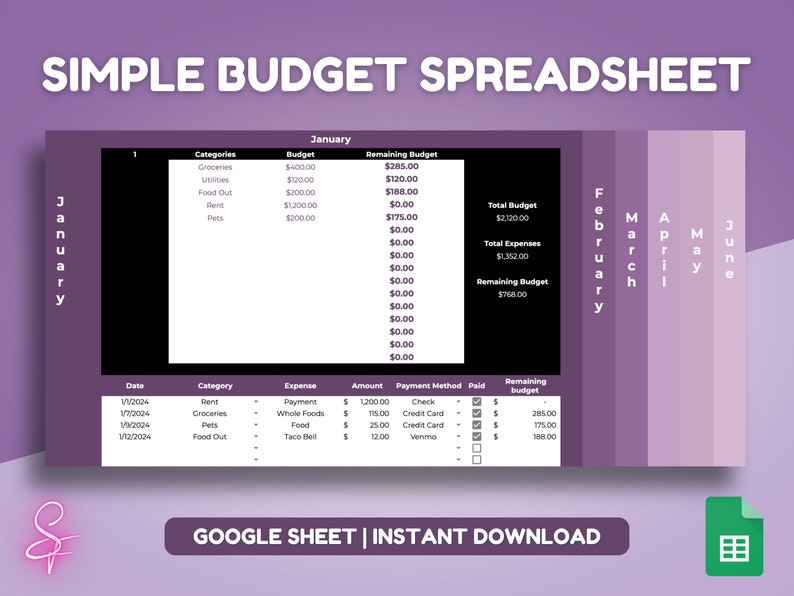 Simple Monthly Budget and Expense Tracking Spreadsheet [purple] - Etsy