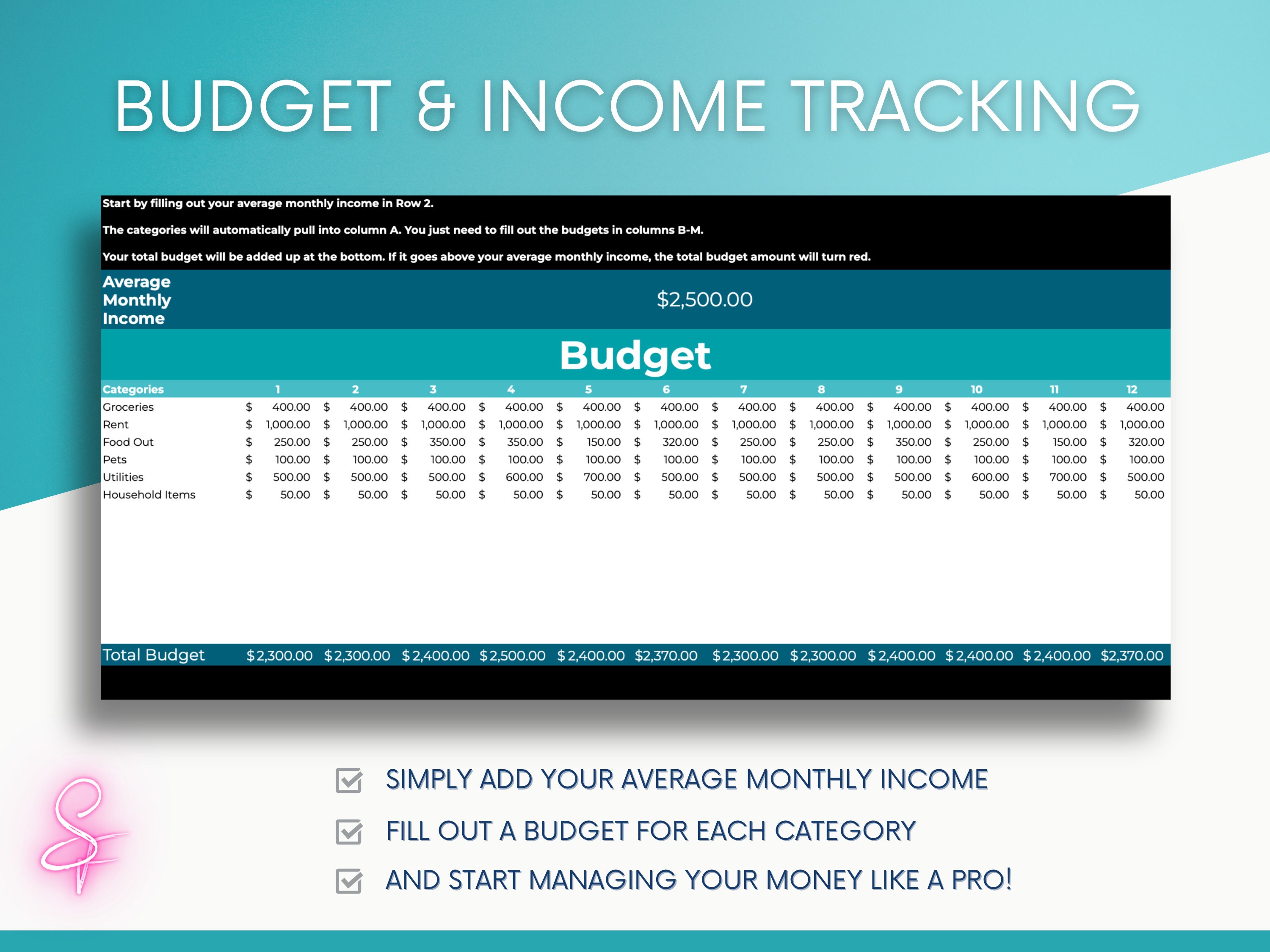 Simple Monthly Budget and Expense Tracking Spreadsheet [TURQUOISE] - Etsy