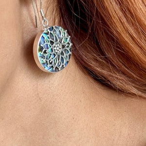 925 Sterling Silver Filigree Detailed Mandala Lotus Flower Round Dangle Hook Earrings, Abalone