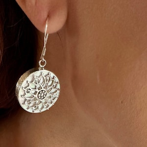 925 Sterling Silver, White Filigree Detailed Mandala Lotus Flower Round Dangle Hook Earrings