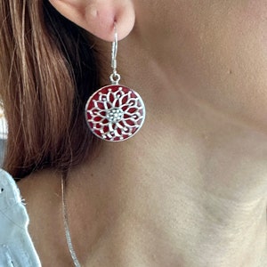925 Sterling Silver, Red Filigree Detailed Mandala Lotus Flower Round Dangle Hook Earrings