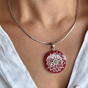 925 Sterling Silver, Red Filigree Detailed Mandala Lotus Flower Round Pendant