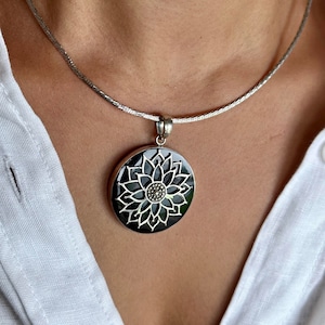 925 Sterling Silver, Black Filigree Detailed Mandala Lotus Flower Round Pendant
