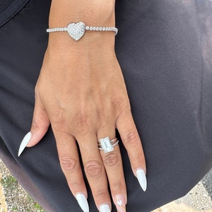 925 Sterling Silver Rhodium Plated Bracelet with Heart Design and Clear Cubic Zirconia