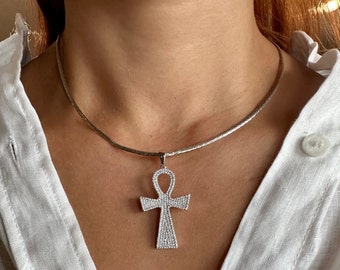 925 Sterling Silver Rhodium Plated Ankh Pendant with Cubic Zirconia